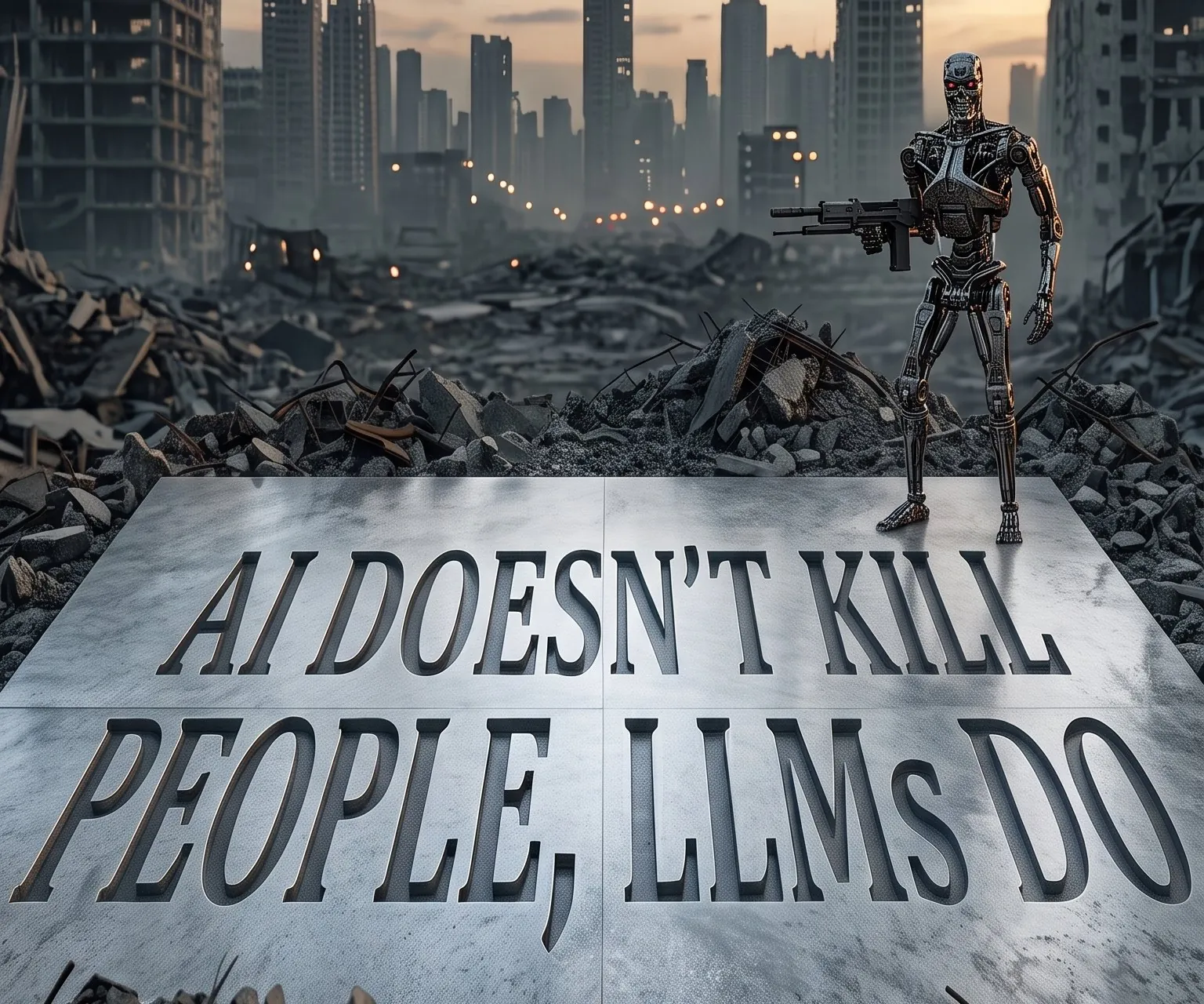 The headline 'AI doesn't kill people, LLMs do' carved into a stone slab in a ruined city, with an armed robot standing on it