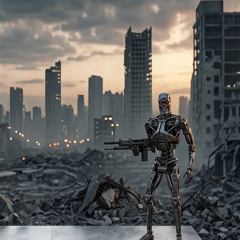 Illustration: an armed robot standing on a stone slab in a ruined city at dusk